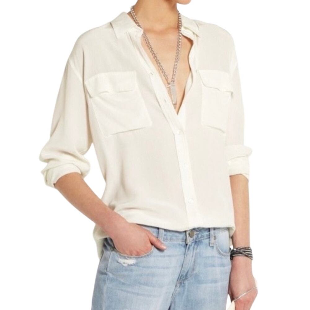 Equipment Femme Silk Blouse Size S Cream Slim Signature Pockets Button Up Shirt